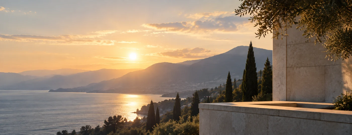 A calm mountain lake at golden hour beside a restrained stone terrace.